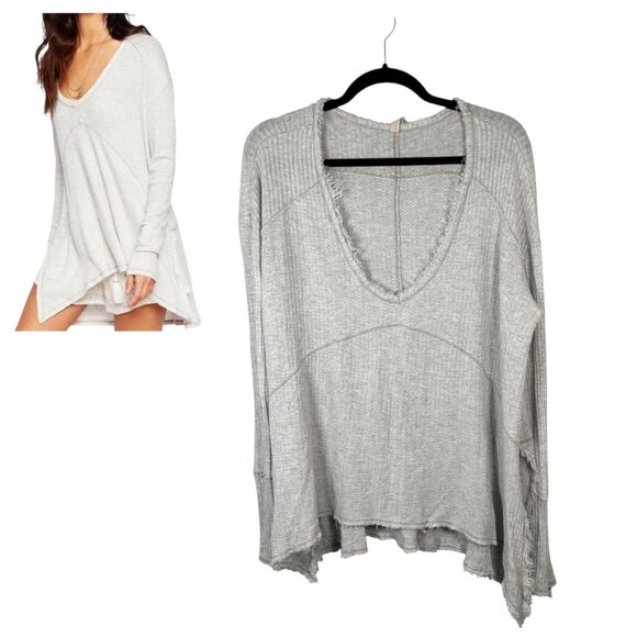 Free People Drippy Thermal Waffle Knit Raw Hem Long Sleeve Light Grey Top Medium - Picture 1 of 8